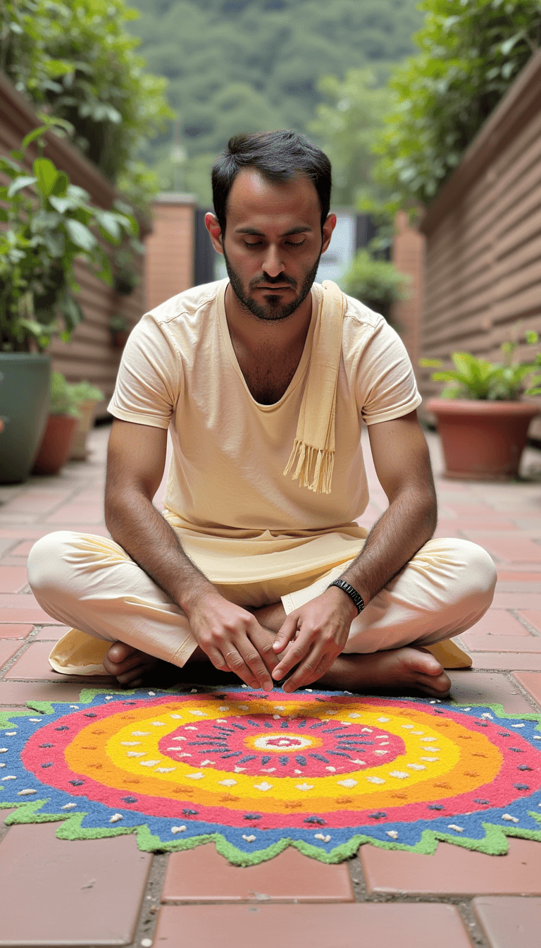A man in traditional Indian attire, sitting cross-legged and arranging a colorful rangoli. Emotion: . Environment: . Style: Natural