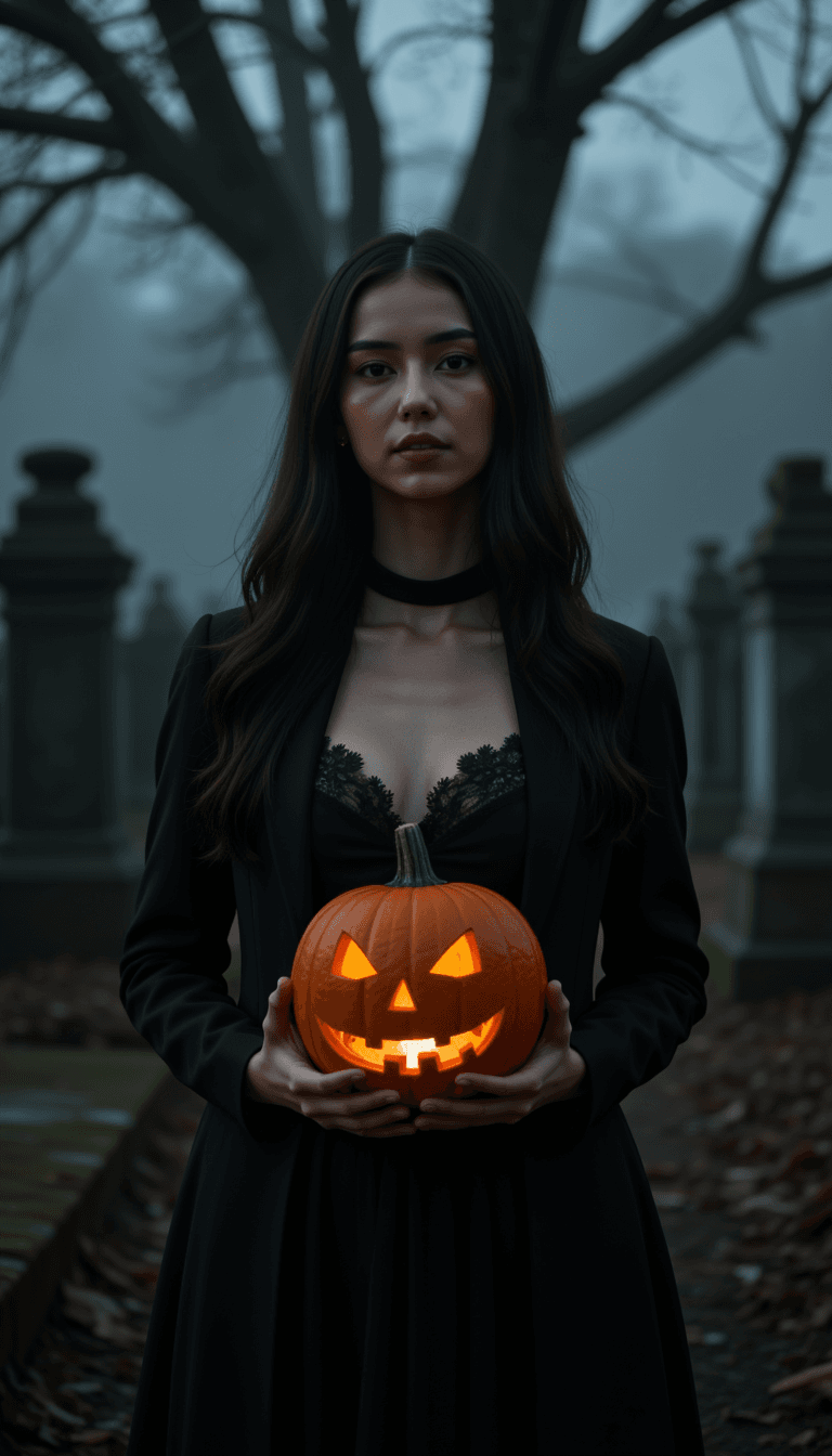 A woman in vintage Victorian clothing holding a jack-o'-lantern in a dimly-lit, foggy graveyard. Emotion: . Environment: . Style: Natural