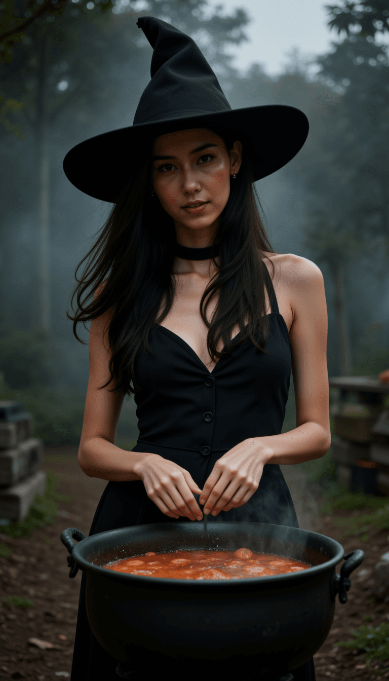 A woman in a classic witch costume, stirring a bubbling cauldron with an eerie, smoky backdrop. Emotion: . Environment: . Style: Natural