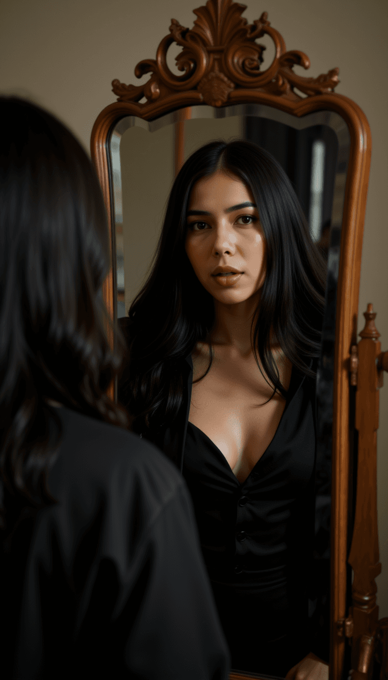 A woman in a vampire costume, looking into a vintage mirror with a serious expression under soft lighting. Emotion: . Environment: . Style: Natural