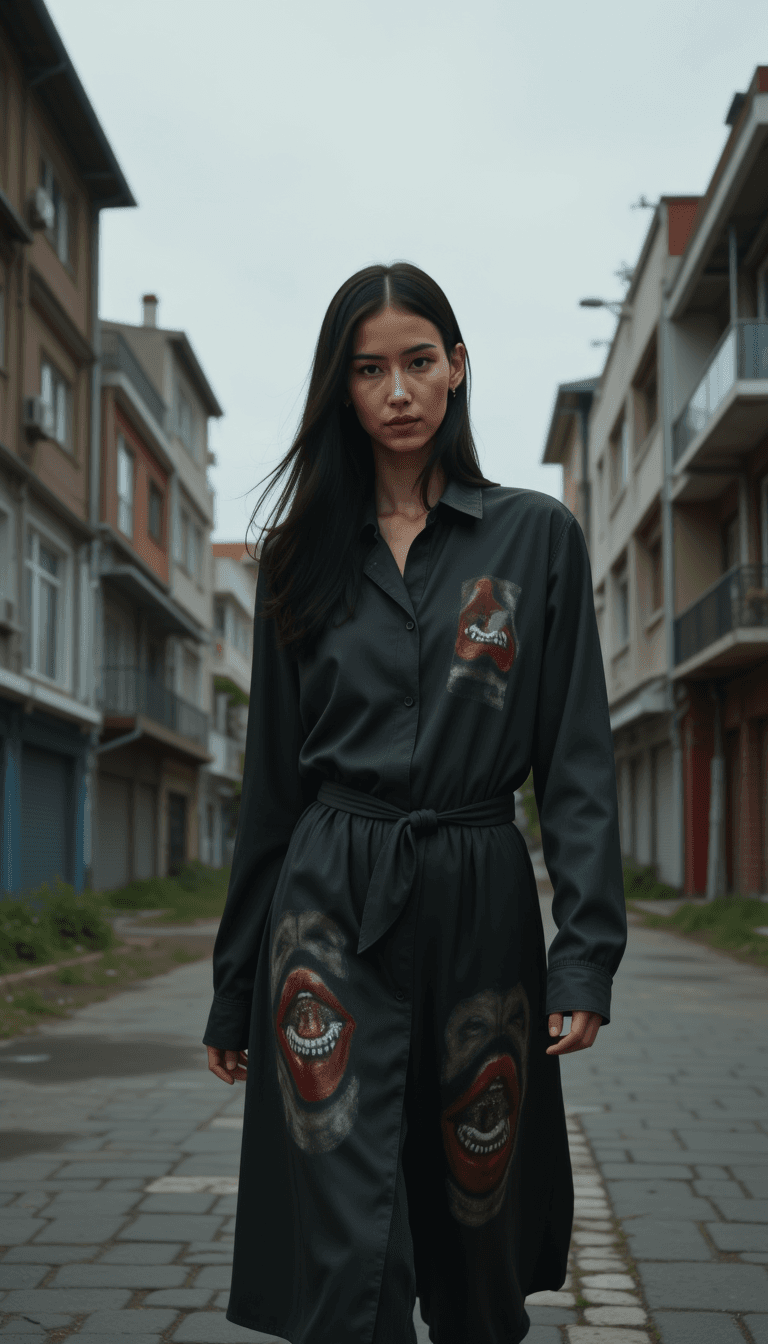 A woman in a zombie costume roaming in a desolated urban background under the gloomy, overcast sky. Emotion: . Environment: . Style: Natural