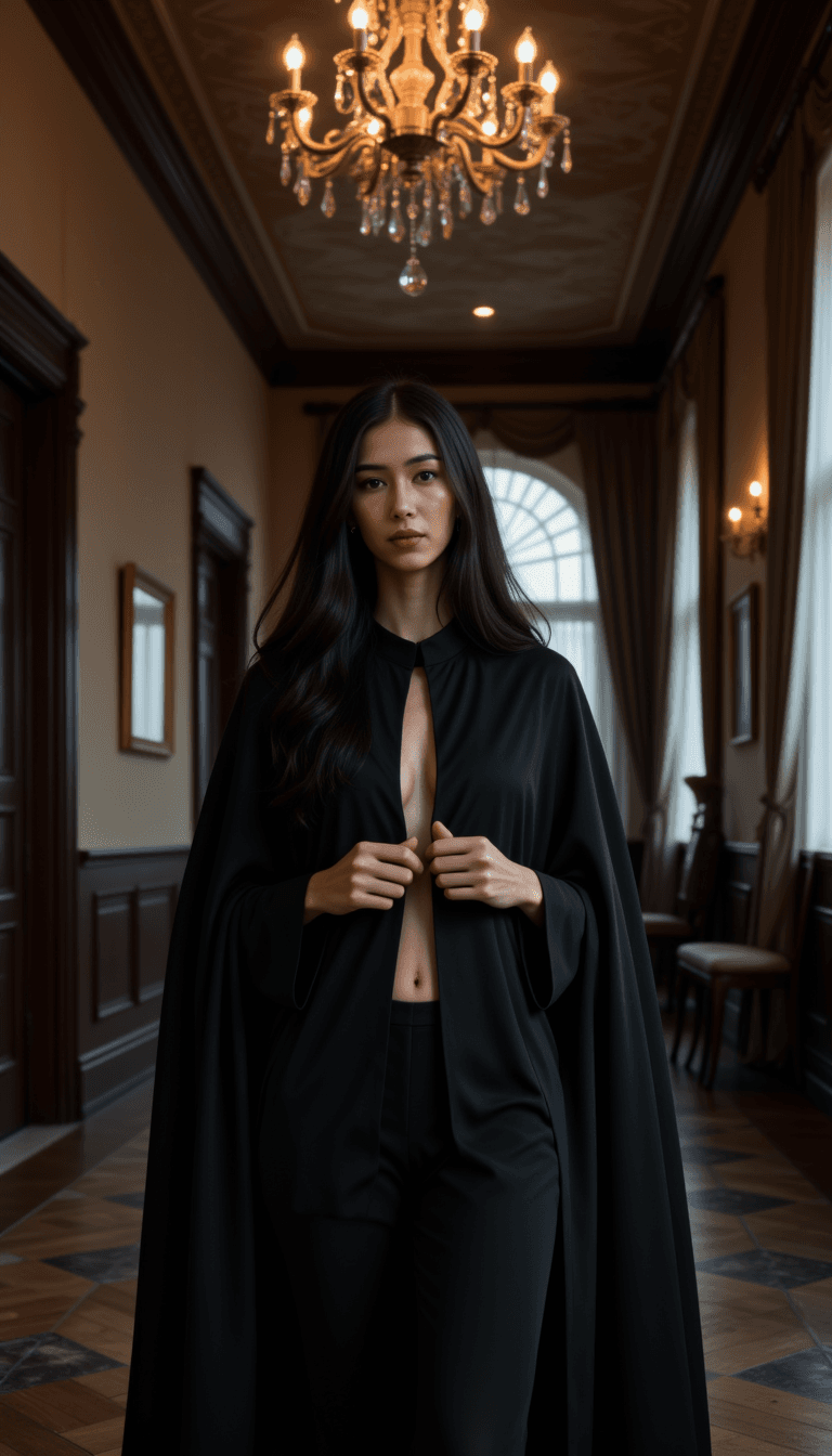 A woman in a phantom costume, haunting the halls of a gothic mansion under the soft, diffused light of a chandelier. Emotion: . Environment: . Style: Natural