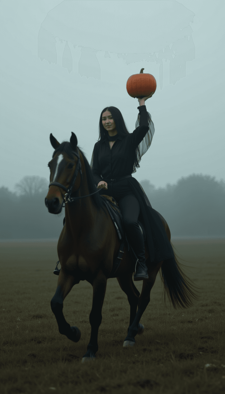 A woman in a headless horseman costume, galloping through a foggy field with a pumpkin held aloft. Emotion: . Environment: . Style: Natural