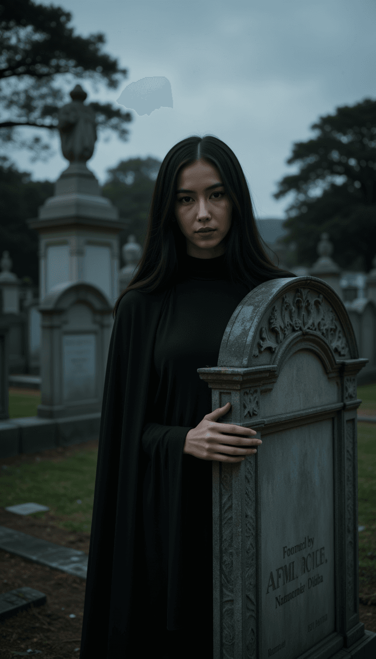 A woman in a ghoul costume, peeking from behind an ancient tombstone in a graveyard under a gloomy, stormy sky. Emotion: . Environment: . Style: Natural