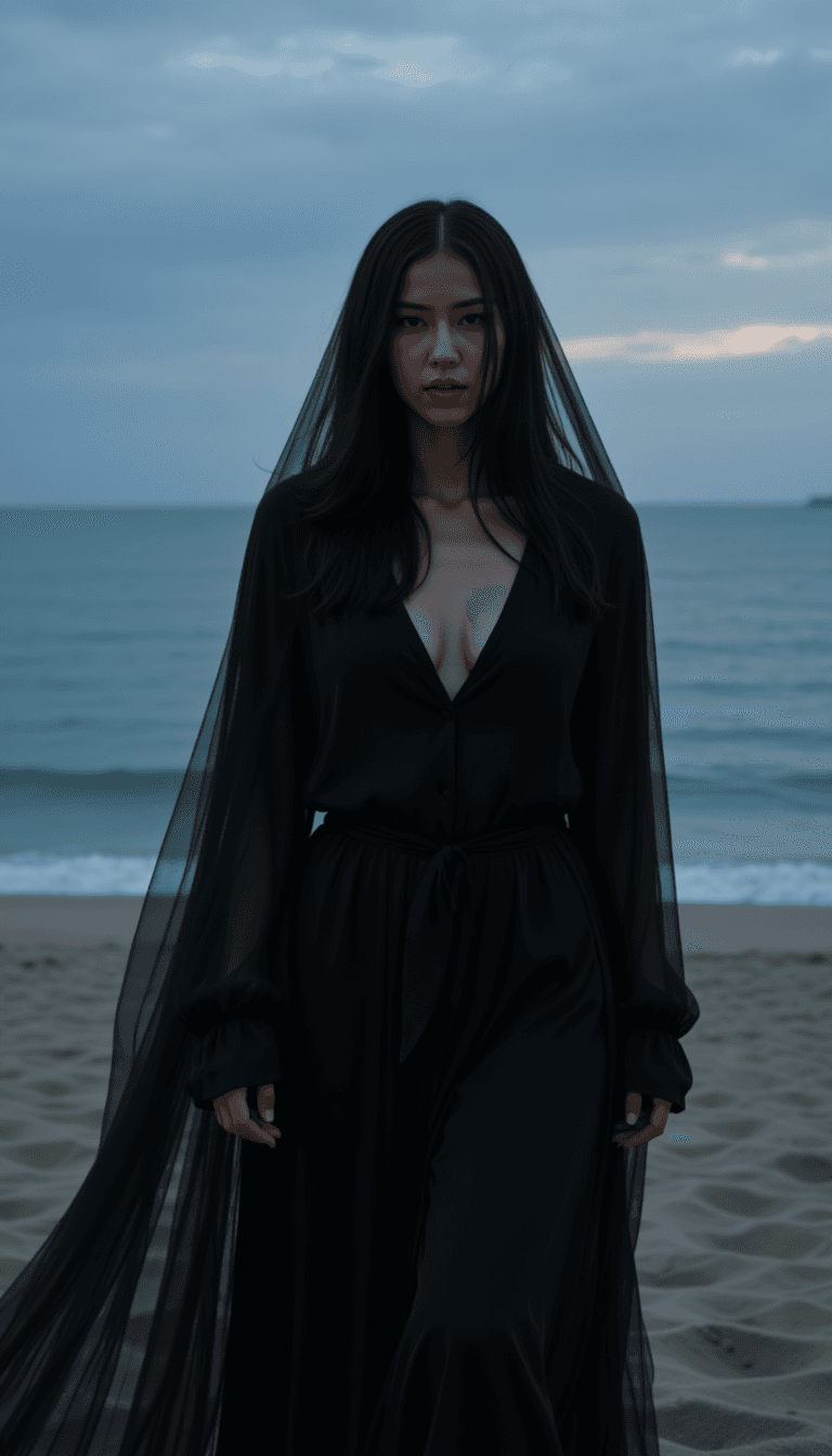 A woman in a grim reaper costume, looming ominously on a misty beach under twilight skies. Emotion: . Environment: . Style: Natural