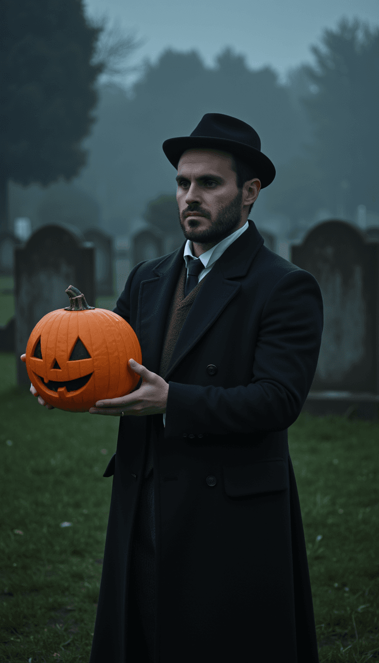 A man in vintage Victorian clothing holding a jack-o'-lantern in a dimly-lit, foggy graveyard. Emotion: . Environment: . Style: Natural