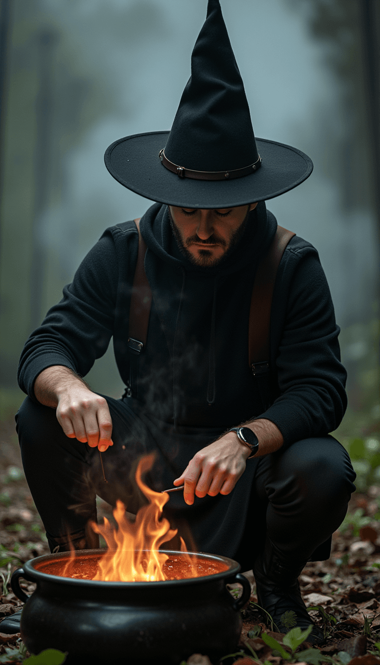 A man in a classic witch costume, stirring a bubbling cauldron with an eerie, smoky backdrop. Emotion: . Environment: . Style: Natural