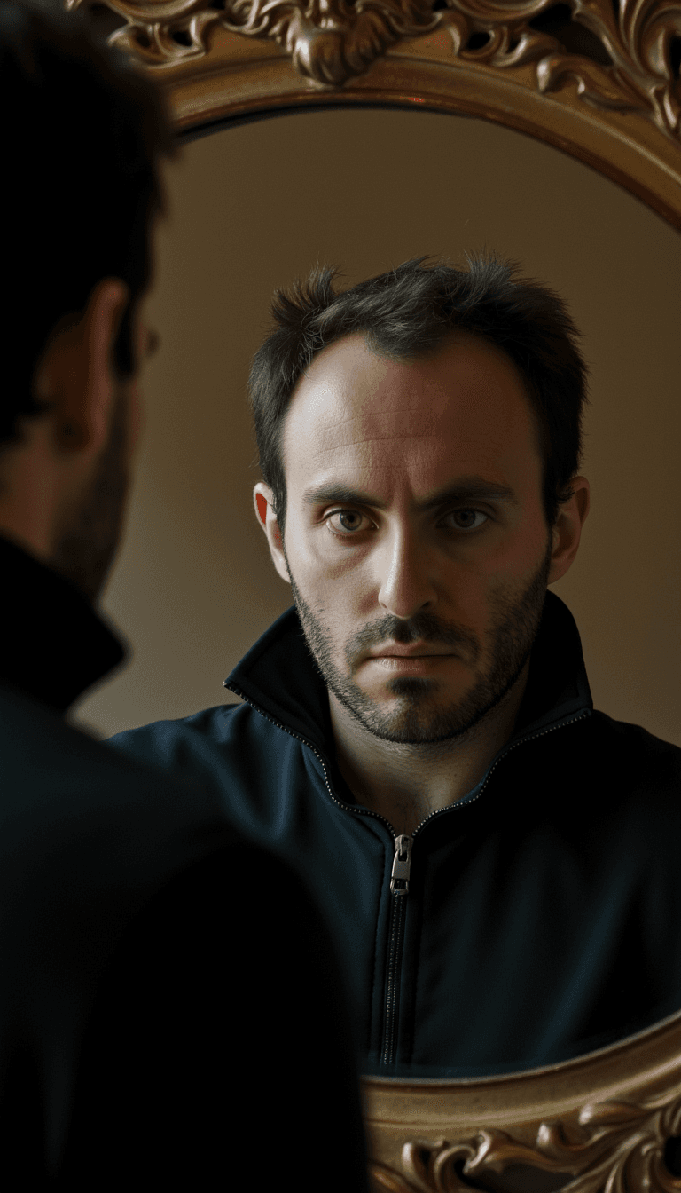 A man in a vampire costume, looking into a vintage mirror with a serious expression under soft lighting. Emotion: . Environment: . Style: Natural