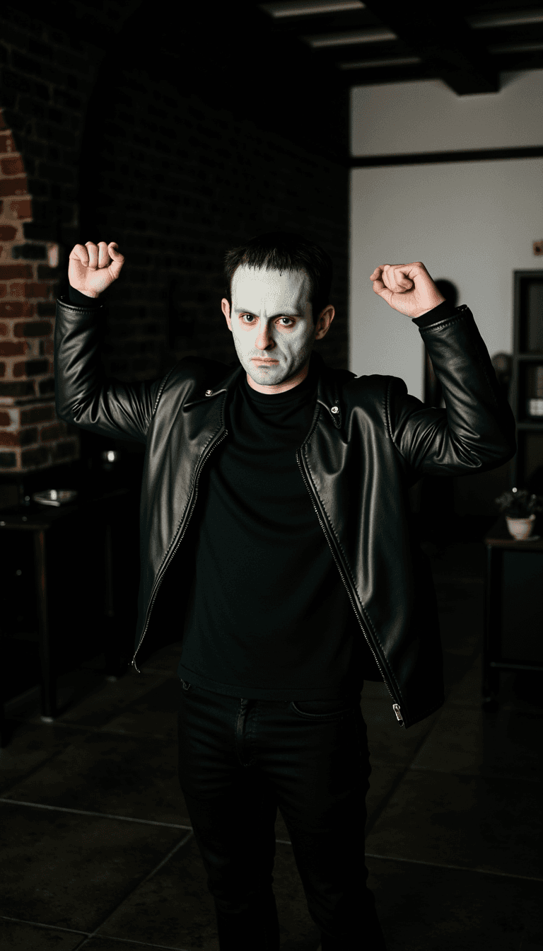A man wearing a Frankenstein's monster costume, posing dramatically in a gothic-style room with high contrast lighting. Emotion: . Environment: . Style: Natural