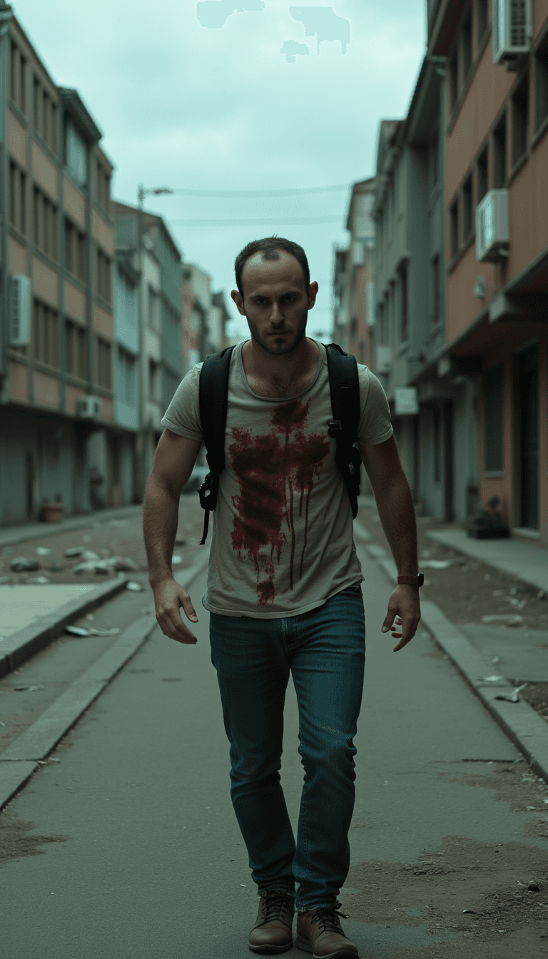 A man in a zombie costume roaming in a desolated urban background under the gloomy, overcast sky. Emotion: . Environment: . Style: Natural