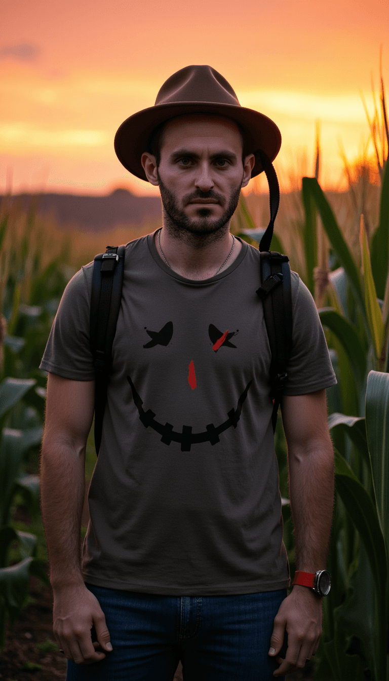 A man in a spooky scarecrow costume, standing in a cornfield with a sunset backdrop. Emotion: . Environment: . Style: Natural