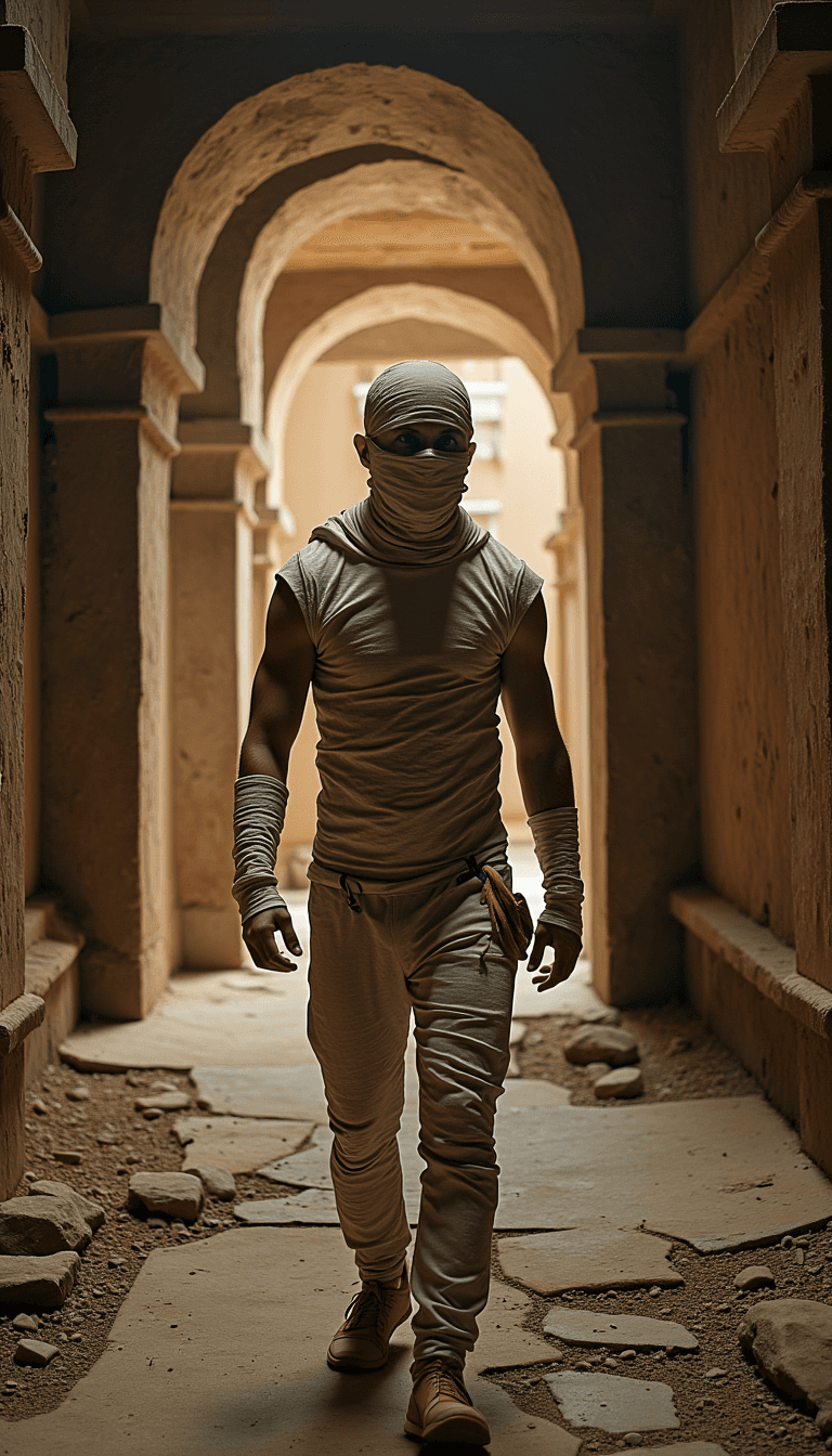 A man in a mummy costume, wandering through an ancient, crumbling ruin under harsh, dramatic lighting. Emotion: . Environment: . Style: Natural