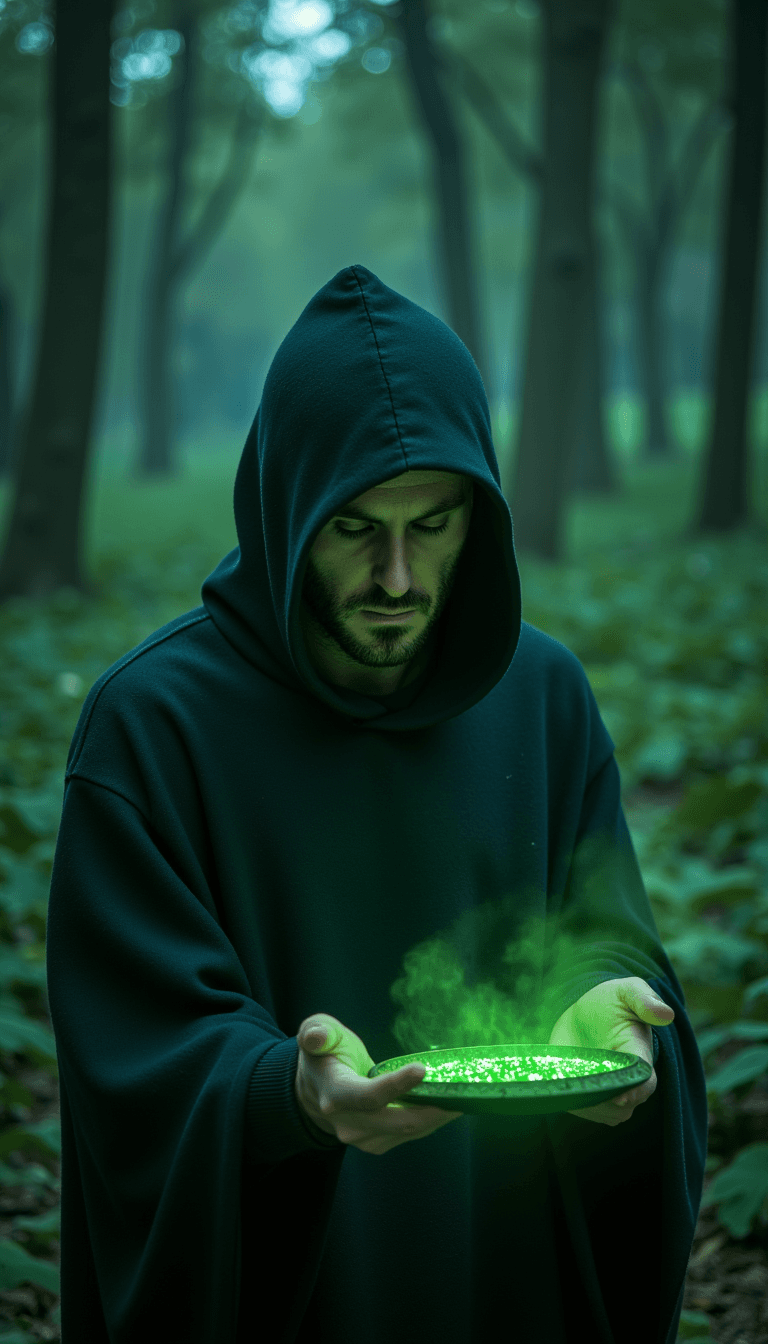 A man dressed as a witch doctor, casting a spell in a dusky forest with an eerie green glow. Emotion: . Environment: . Style: Natural