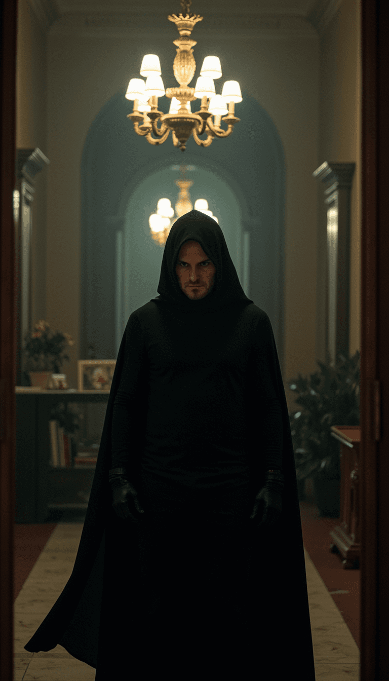 A man in a phantom costume, haunting the halls of a gothic mansion under the soft, diffused light of a chandelier. Emotion: . Environment: . Style: Natural