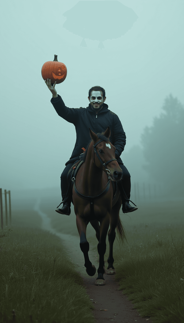 A man in a headless horseman costume, galloping through a foggy field with a pumpkin held aloft. Emotion: . Environment: . Style: Natural