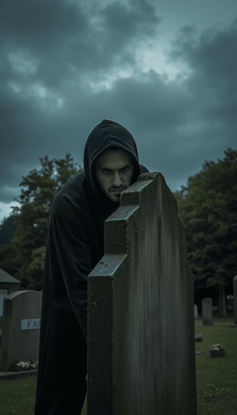 A man in a ghoul costume, peeking from behind an ancient tombstone in a graveyard under a gloomy, stormy sky. Emotion: . Environment: . Style: Natural