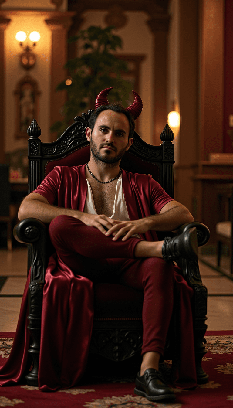 A man in a classic devil costume, lounging in a grand throne room under warm, dramatic downlights. Emotion: . Environment: . Style: Natural