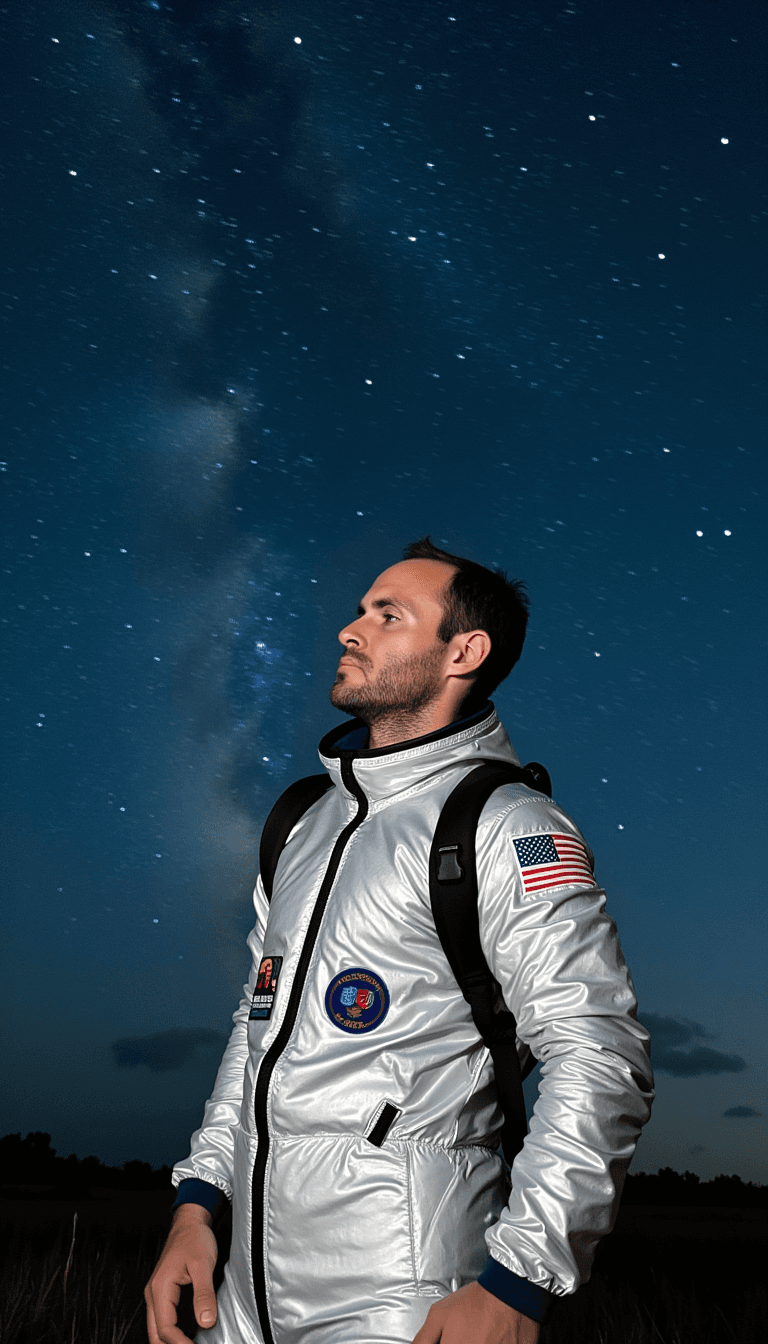 A man in a silver space suit, posing against a backdrop of the Milky Way with a sense of wonder.. Emotion: . Environment: . Style: Natural