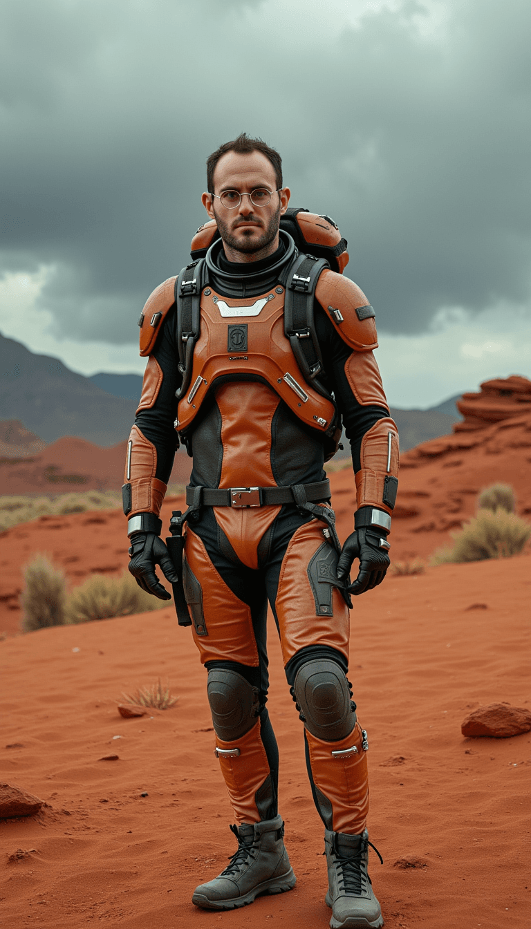 The man in a futuristic space suit, standing valiantly on a Mars-like reddish landscape, with a storm brewing in the background.. Emotion: . Environment: . Style: Natural