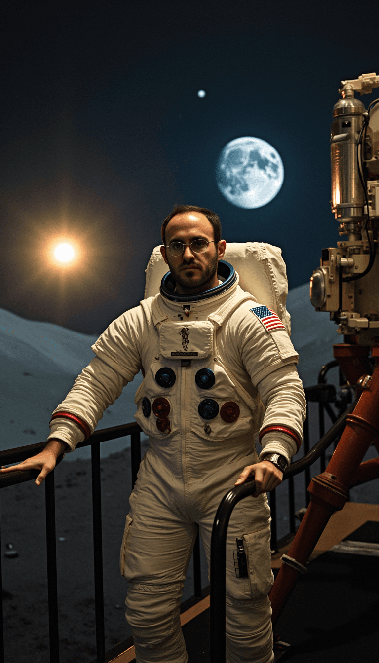 A man in a vintage astronaut suit, standing in the lunar lander with a softly lit Earth in the background.. Emotion: . Environment: . Style: Natural