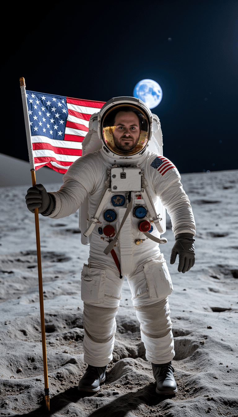 An astronaut holding their country's flag in a triumphant pose on a moon's surface, with Earth's glow in the distant sky.. Emotion: . Environment: . Style: Natural