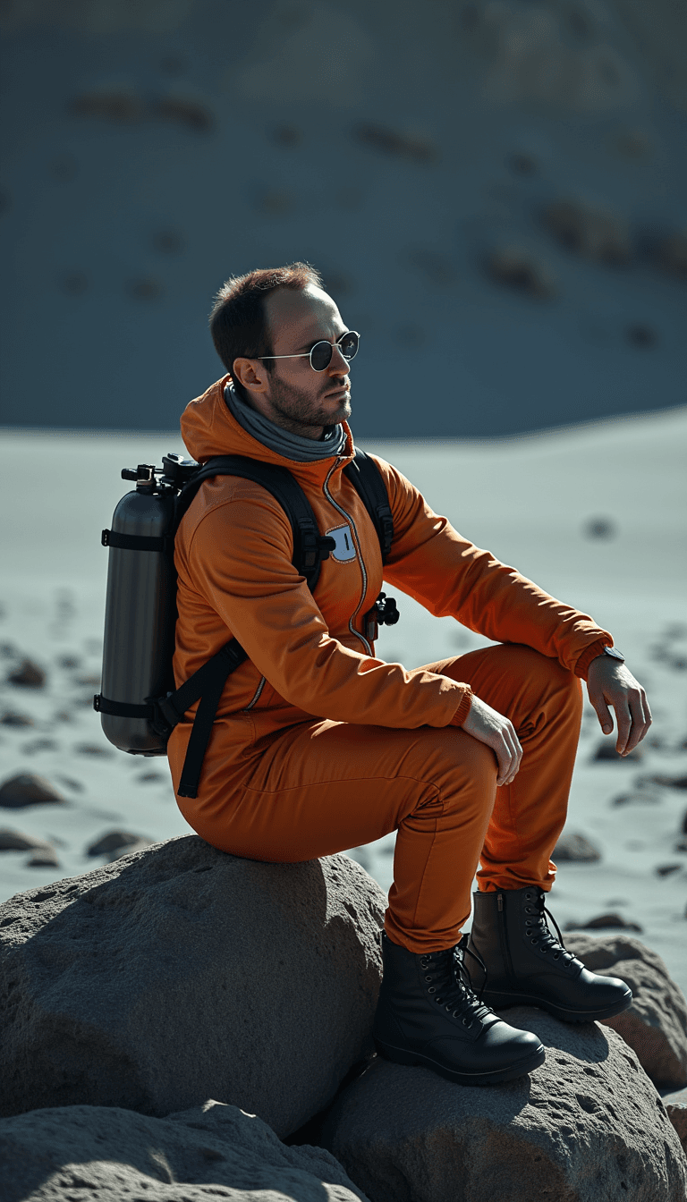 A man in a space suit, sitting contemplatively on a rock in a lunar landscape, bathed in cool, harsh shadows.. Emotion: . Environment: . Style: Natural