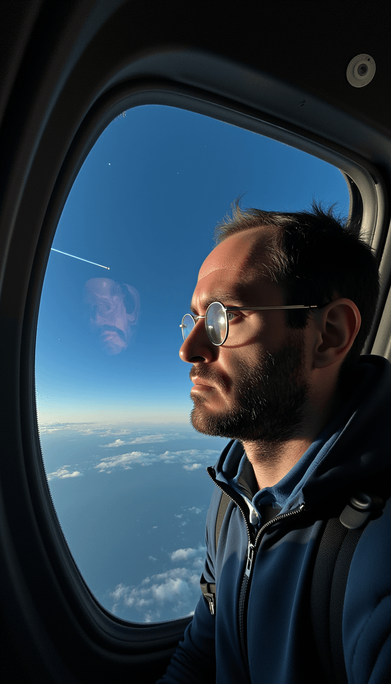 A man looking out of their spacecraft's window, with a reflection of a comet passing by in the glass.. Emotion: . Environment: . Style: Natural