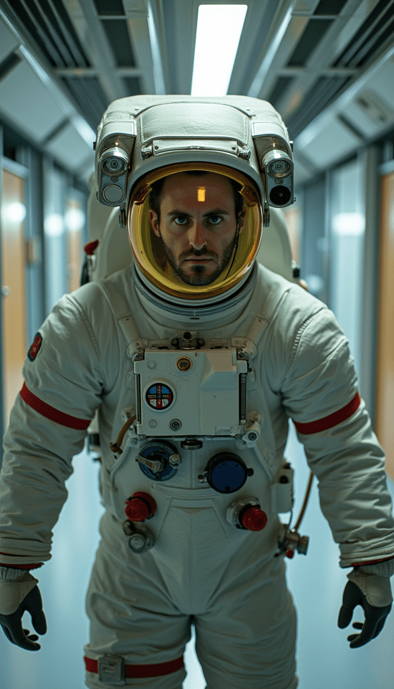 An astronaut in a gold-visored helmet, floating in the space station's corridor, with soft light illuminating the scene from behind.. Emotion: . Environment: . Style: Natural