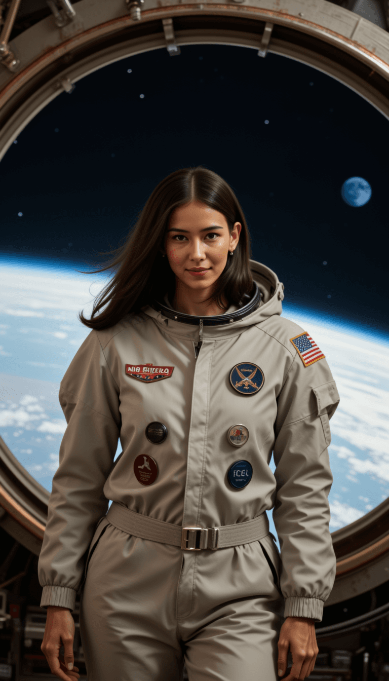A woman in a vintage astronaut suit, standing in the lunar lander with a softly lit Earth in the background.. Emotion: . Environment: . Style: Natural