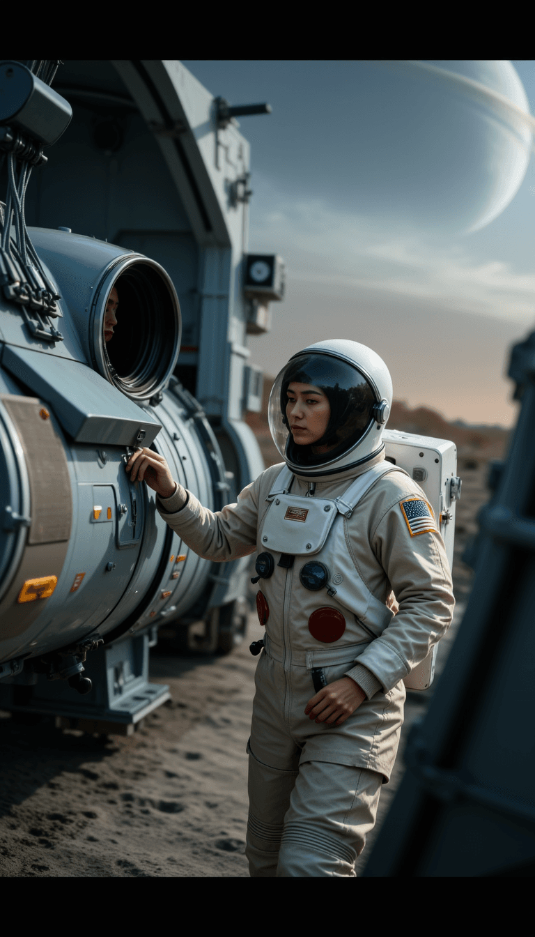 An astronaut repairing their spaceship, intensely focused, with a backdrop of an uncharted planet and its rings.. Emotion: . Environment: . Style: Natural