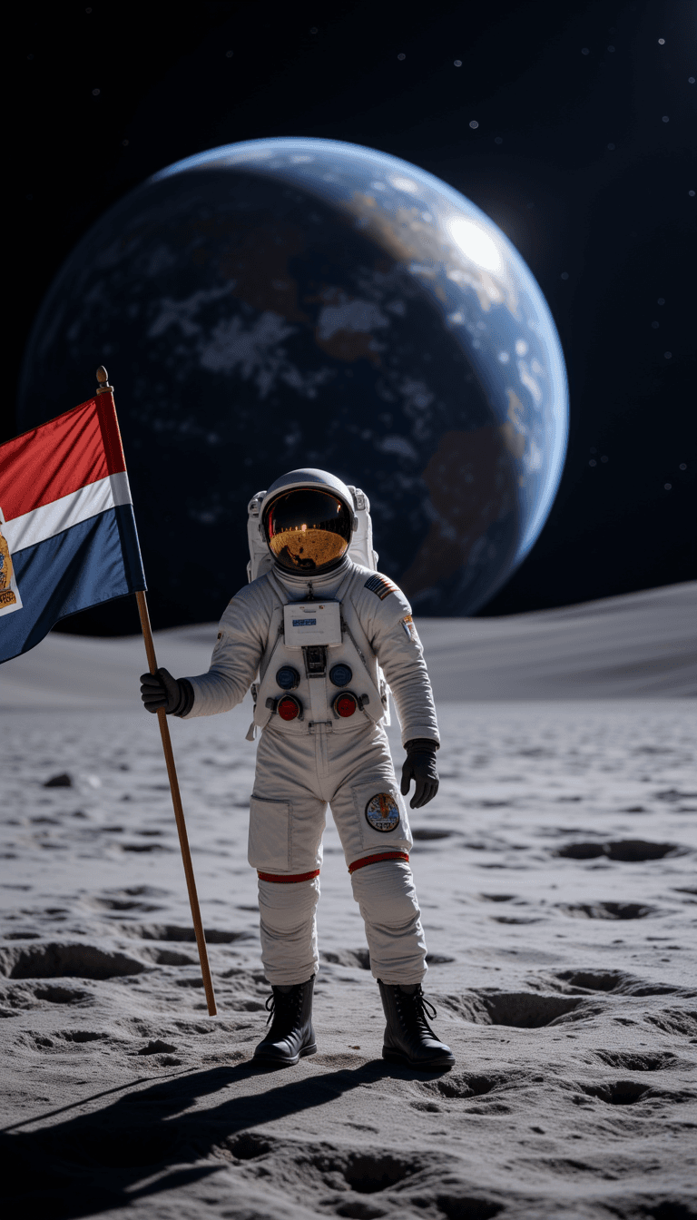 An astronaut holding their country's flag in a triumphant pose on a moon's surface, with Earth's glow in the distant sky.. Emotion: . Environment: . Style: Natural