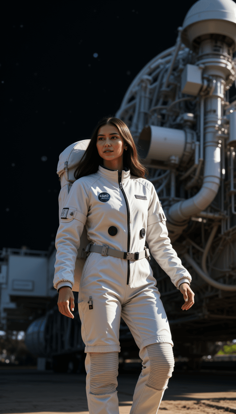 The woman in a classic astronaut suit, floating near a space station with the black void stretching out behind.. Emotion: . Environment: . Style: Natural