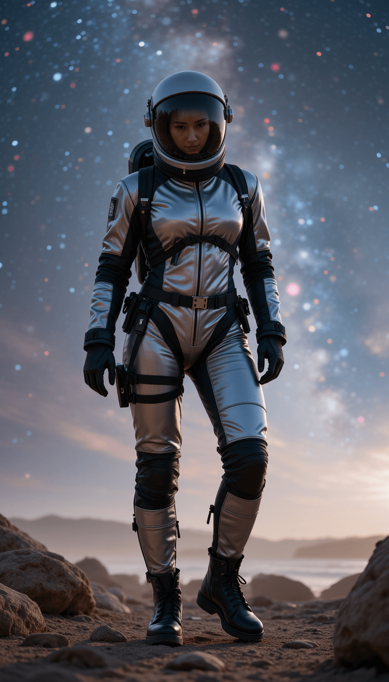 An astronaut in a sleek, modern suit, standing on an asteroid with a shimmering nebula as the backdrop.. Emotion: . Environment: . Style: Natural