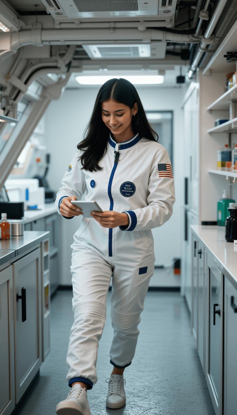 The woman in an astronaut outfit, conducting a zero-gravity experiment in the lab module of a space station.. Emotion: . Environment: . Style: Natural
