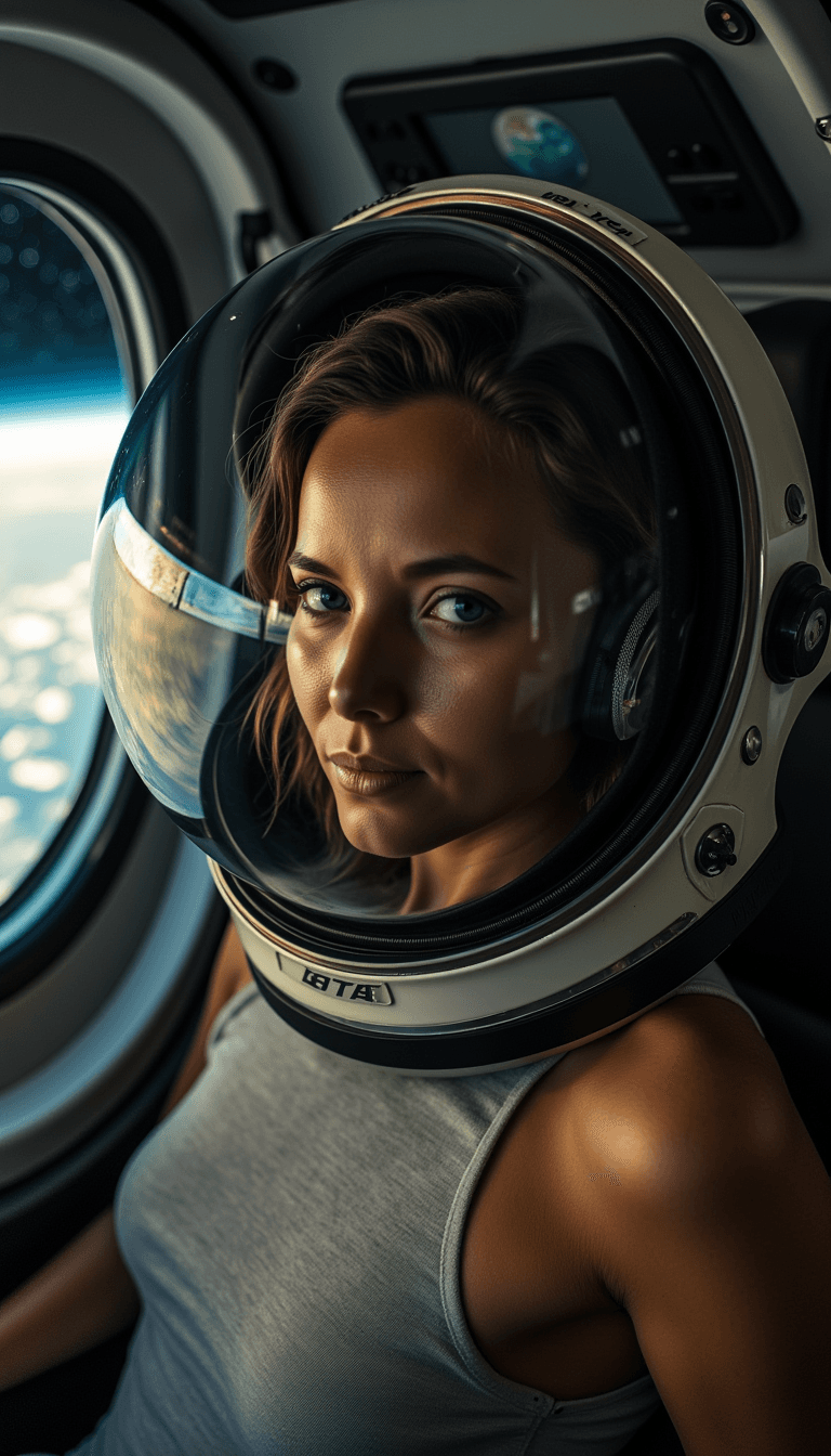 The woman sitting inside a spacecraft with the Earth reflected in the helmet's visor, creating a somber mood.. Emotion: . Environment: . Style: Natural