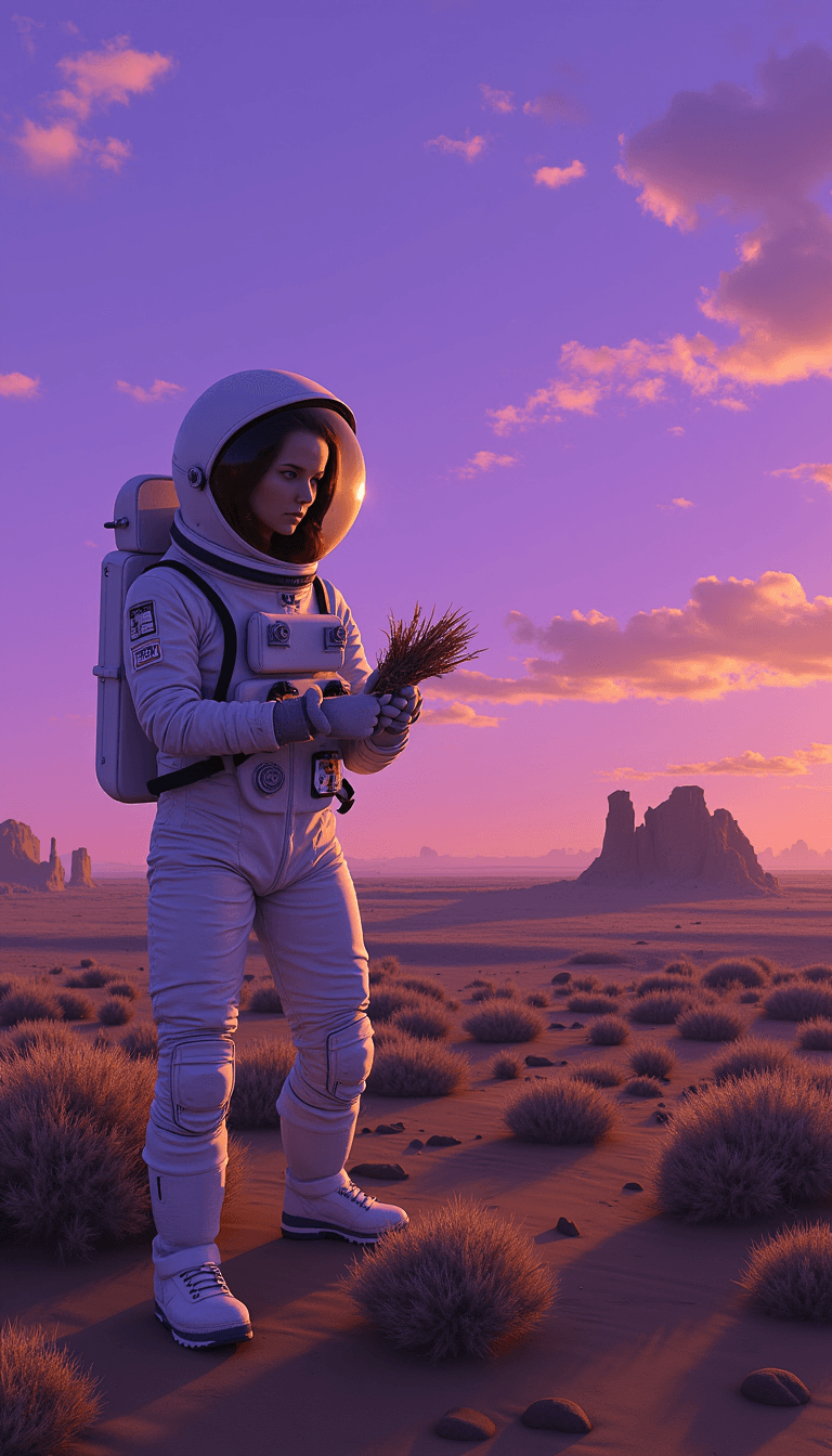 An astronaut examining a strange alien plant on an extraterrestrial landscape, under a purple-hued sky.. Emotion: . Environment: . Style: Natural