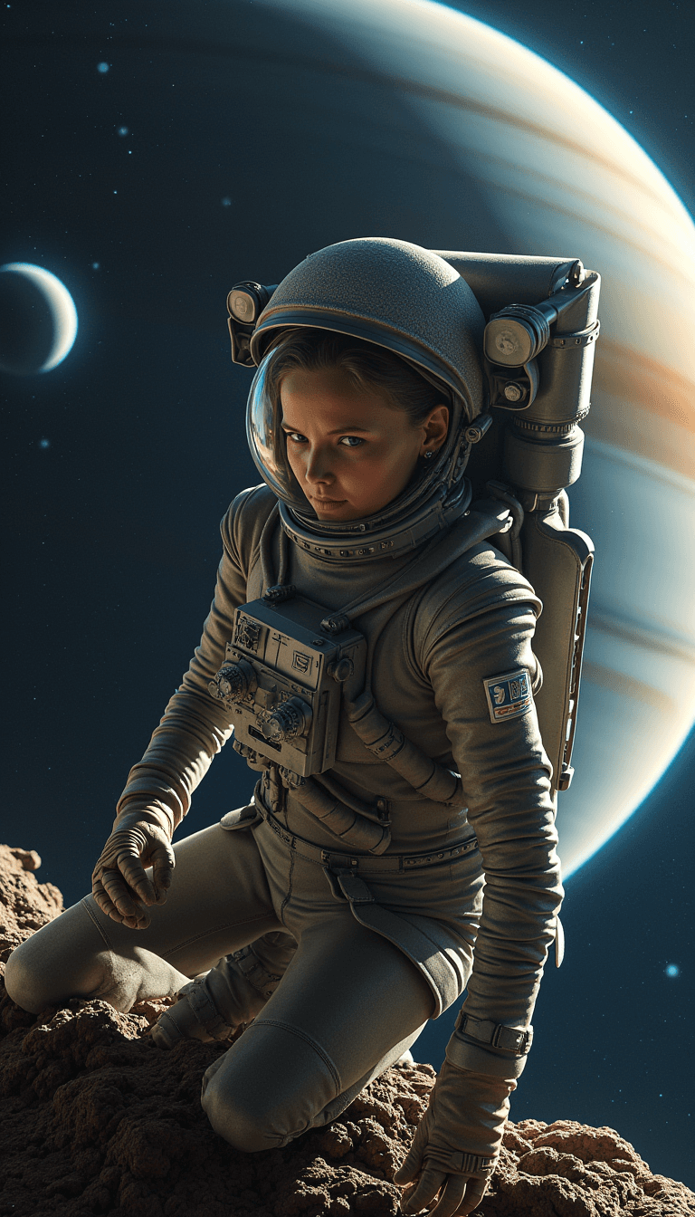 An astronaut repairing their spaceship, intensely focused, with a backdrop of an uncharted planet and its rings.. Emotion: . Environment: . Style: Natural