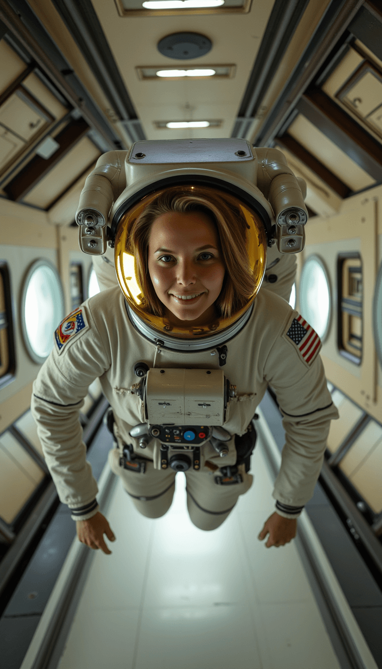 An astronaut in a gold-visored helmet, floating in the space station's corridor, with soft light illuminating the scene from behind.. Emotion: . Environment: . Style: Natural