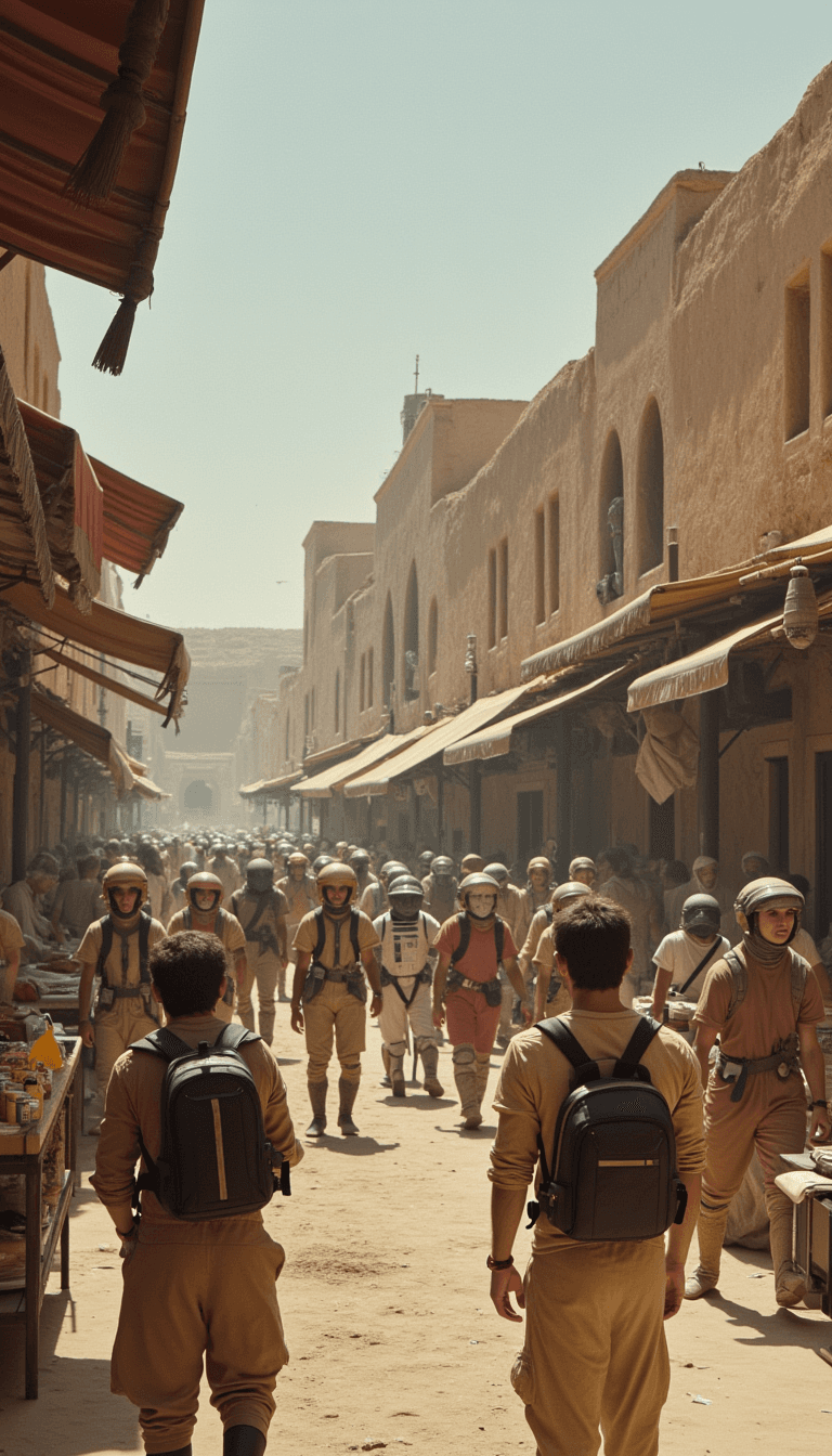 A bustling marketplace scene in Mos Eisley, filled with aliens and droids. Emotion: . Environment: . Style: Natural