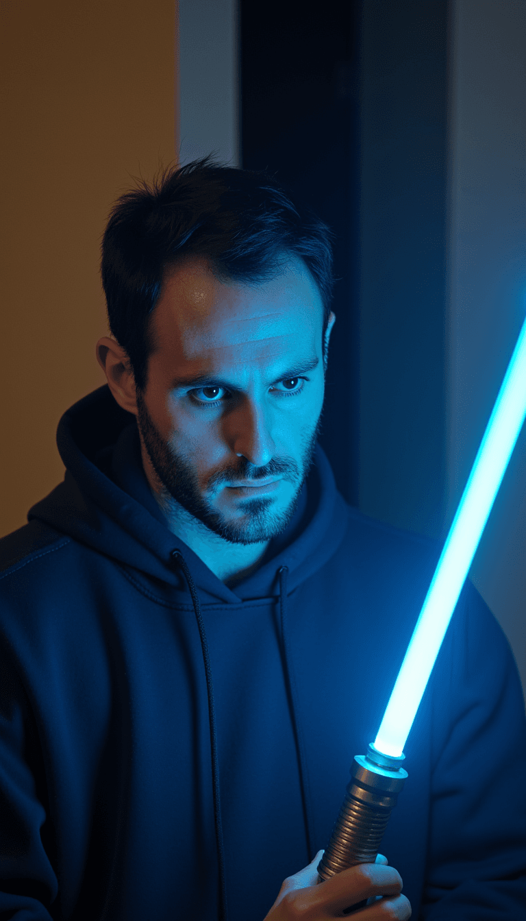 An introspective portrait of a Jedi with their blue lightsaber, with dramatic side lighting. Emotion: . Environment: . Style: Natural