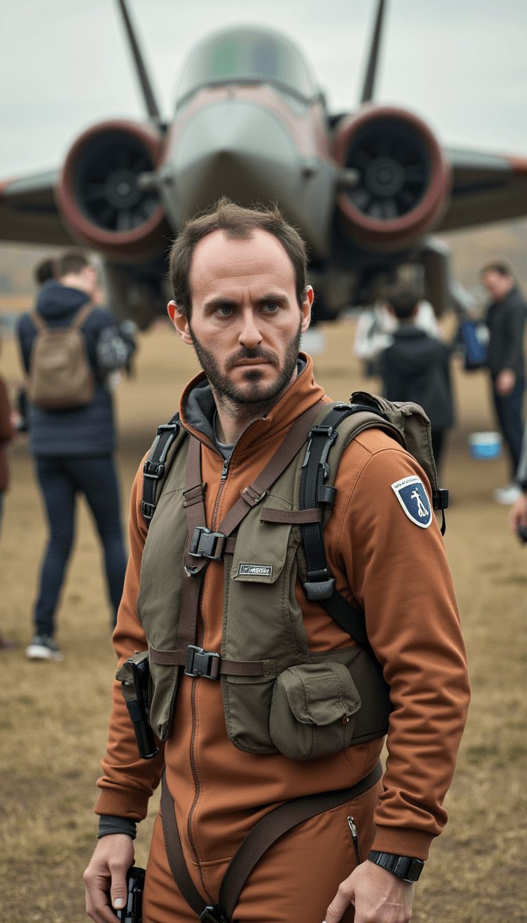 A man dressed as a rebel pilot, heroically posing in front of an X-Wing fighter. Emotion: . Environment: . Style: Natural