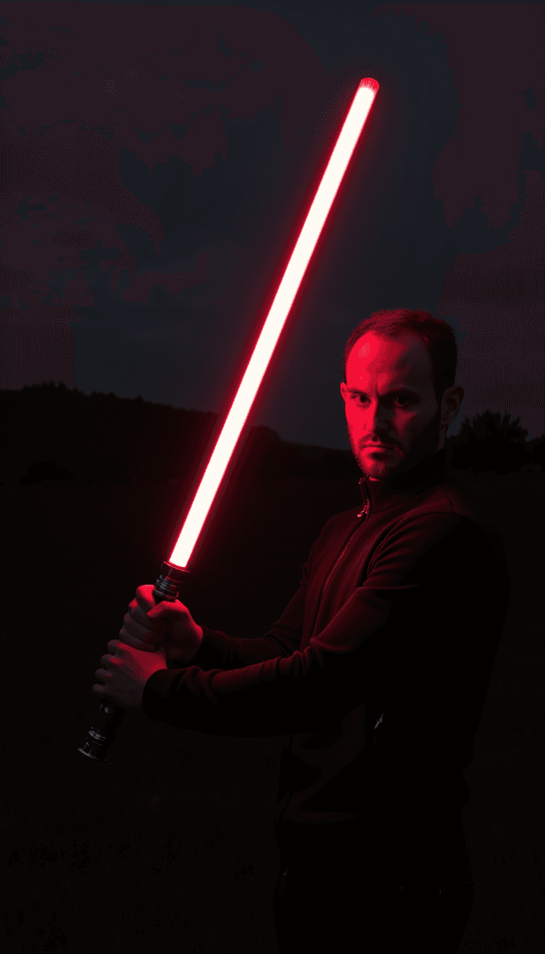 A man dressed as a Sith, in a dark and moody setting with red lightsaber glowing menacingly. Emotion: . Environment: . Style: Natural