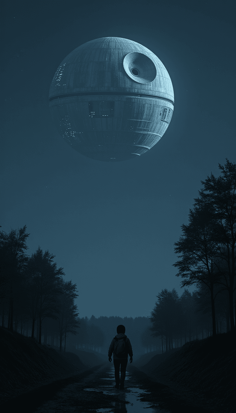 An eerie shot of the Death Star looming large in the night sky. Emotion: . Environment: . Style: Natural