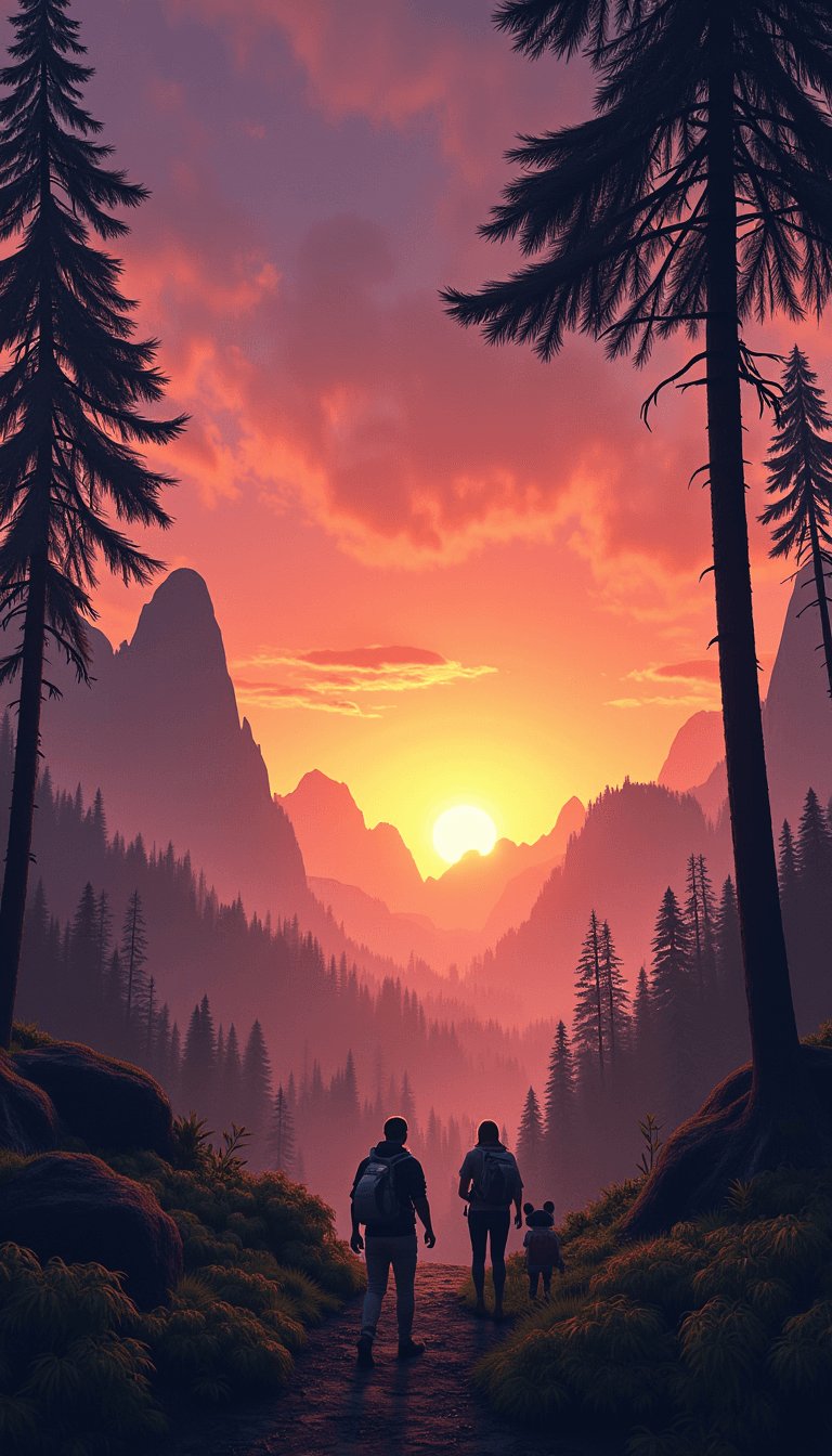 A serene dawn scene on Endor with Ewoks and towering trees. Emotion: . Environment: . Style: Natural