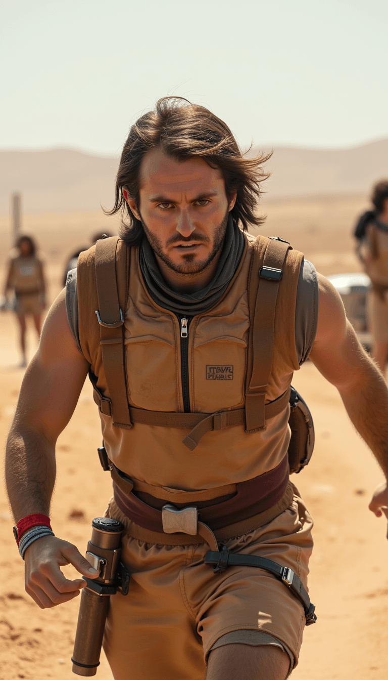 A dynamic scene of a Podrace in action, with the Tatooine desert as backdrop. Emotion: . Environment: . Style: Natural