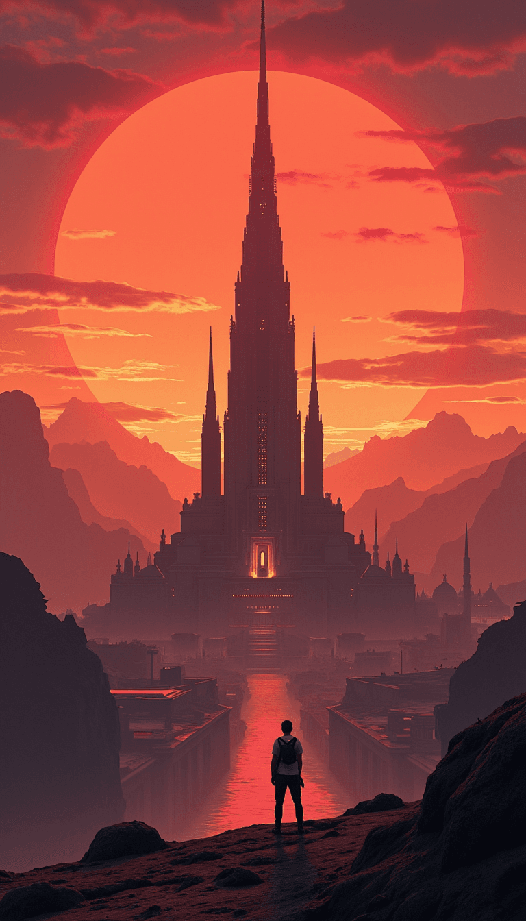 A majestic view of the Jedi Temple on Coruscant, under a vibrant sunset sky. Emotion: . Environment: . Style: Natural