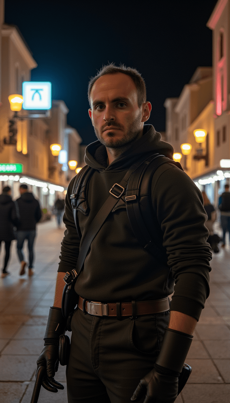 A man dressed as a Bounty Hunter, posing in the gritty streets of Coruscant at night. Emotion: . Environment: . Style: Natural
