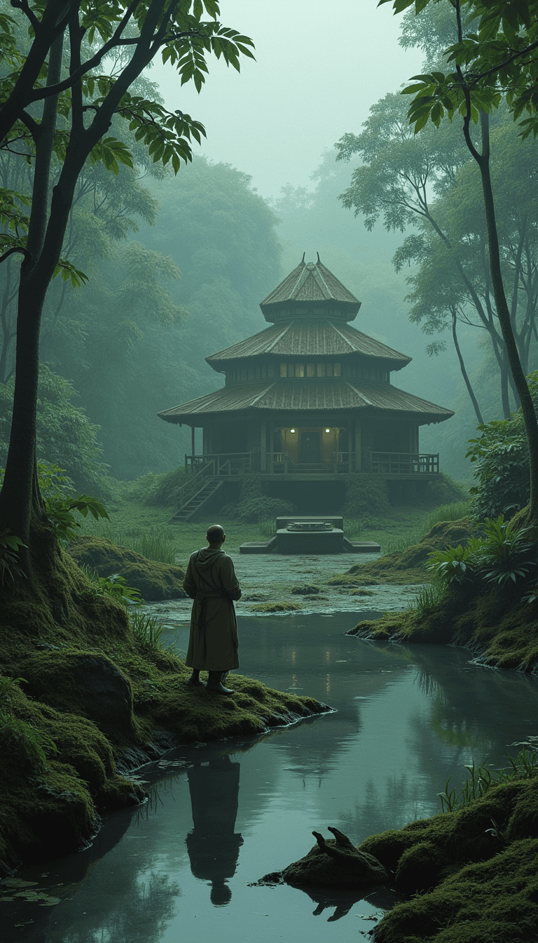 A tranquil scene of Yoda's house on Dagobah, with its dense swamp and misty atmosphere. Emotion: . Environment: . Style: Natural
