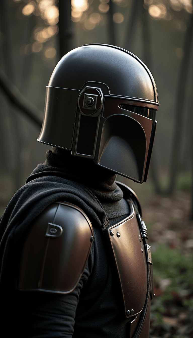 A striking portrait of a Mandalorian, with dramatic side lighting highlighting their helmet and armor. Emotion: . Environment: . Style: Natural