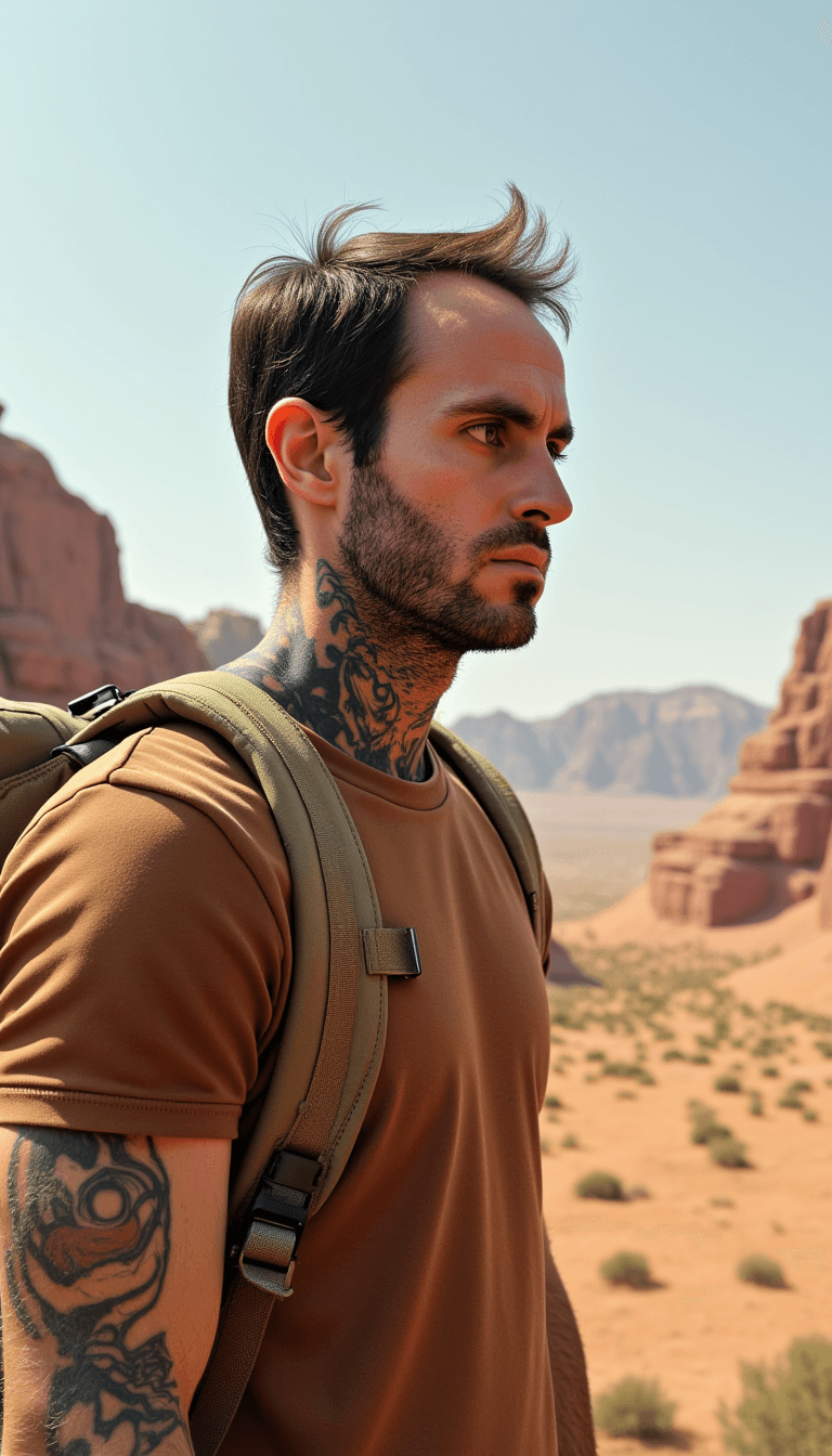 A portrait of a Droid ready for an adventure, with a desert landscape in the background. Emotion: . Environment: . Style: Natural
